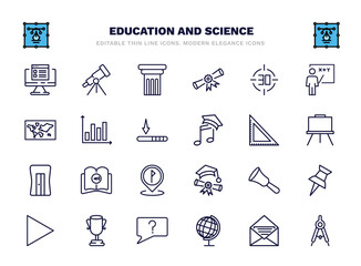 Fototapeta premium set of education and science thin line icons. education and science outline icons such as online test, greek pillar, digital display 30, bars, square, audiobook, hand bell, big trophy, school globe,