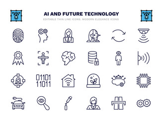 set of ai and future technology thin line icons. ai and future technology outline icons such as biometrics, personal assistant, replacement, body scan, oculus rift, binary, cloud intelligence,