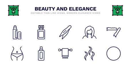 set of beauty and elegance thin line icons. beauty and elegance outline icons such as french perfume, tweezers, woman face, bobby pins, women waist, women waist, inclined bottle, folded towel,
