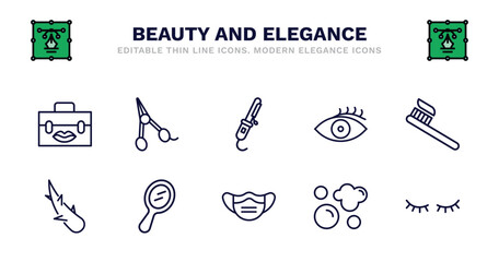 set of beauty and elegance thin line icons. beauty and elegance outline icons such as hair scissors, curler, woman eye, toothbrush, aloe vera, aloe vera, hand mirror, face mask, foam, two eyelashes