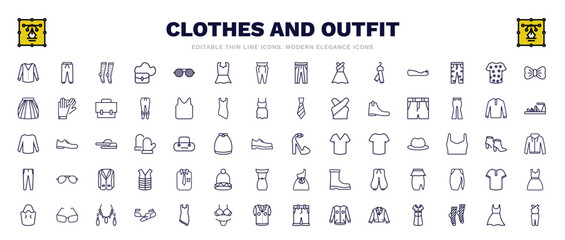 set of clothes and outfit thin line icons. clothes and outfit outline icons such as cotton cardigan, women socks, bow tie, denim shorts, platform sandals, collarless cotton shirt, cat eye glasses,