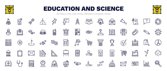 set of education and science thin line icons. education and science outline icons such as book and, dna strand, atomic orbitals, online test, shopping cart, square, cardiology tool, bars, book