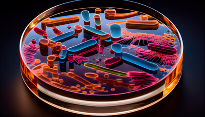 colorful viruses in petri dish, macro illustration