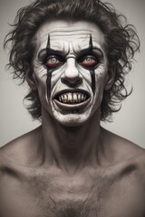 Obraz premium AI Captivatingly Creepy: Unleashing the Malevolent and Grimy Clown-Faced Man Portrait