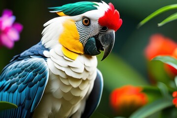 Australian Cockatoo Inca parrot in the treetops in a tropical rainforest, bright flowers and leaves, exotic plants, vines. Wildlife concept of ecological environment. Generative AI