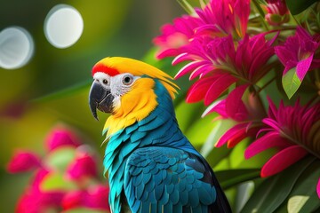 Obraz premium Australian Cockatoo Inca parrot in the treetops in a tropical rainforest, bright flowers and leaves, exotic plants, vines. Wildlife concept of ecological environment. Generative AI
