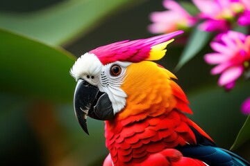 Naklejka premium Australian Cockatoo Inca parrot in the treetops in a tropical rainforest, bright flowers and leaves, exotic plants, vines. Wildlife concept of ecological environment. Generative AI