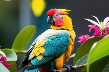 Australian Cockatoo Inca parrot in the treetops in a tropical rainforest, bright flowers and leaves, exotic plants, vines. Wildlife concept of ecological environment. Generative AI