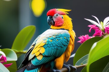 Australian Cockatoo Inca parrot in the treetops in a tropical rainforest, bright flowers and leaves, exotic plants, vines. Wildlife concept of ecological environment. Generative AI