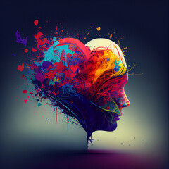 Brain with heart splash, love and passion, self esteem and mental health care concept, positive thinking, creative mind, generative AI 