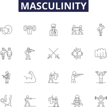 Masculinity line vector icons and signs. Strength, Toughness, Aggression, Courage, Competitiveness, Resilience, Provider, Protector outline vector illustration set