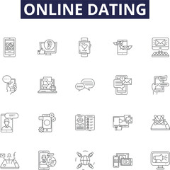 Online dating line vector icons and signs. Online, Matchmaking, Singles, Romance, Relationships, Soulmates, Love, Interaction outline vector illustration set