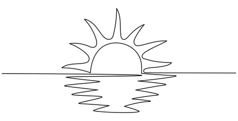 Sun and ocean landscape continuous one line art drawing. Sunset on sea contour line sign. Vector illustration isolated on white.