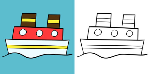 Illustration of a ship on the water. Perfect for art, postcards, cards, wall decor, t-shirts, cards, prints, picture books, coloring books, wallpapers, prints, cards, etc.