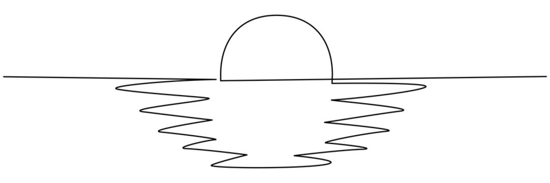 recommend clip art: Sun and ocean landscape continuous one line art drawing. Sunset on sea contour line sign. Vector illustration isolated on white.