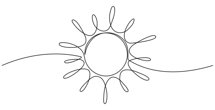 Sun continuous one line art drawing. Summer sun contour line sign. Vector illustration isolated on white.