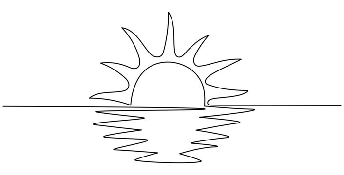 recommend clip art: Sun and ocean landscape continuous one line art drawing. Sunset on sea contour line sign. Vector illustration isolated on white.