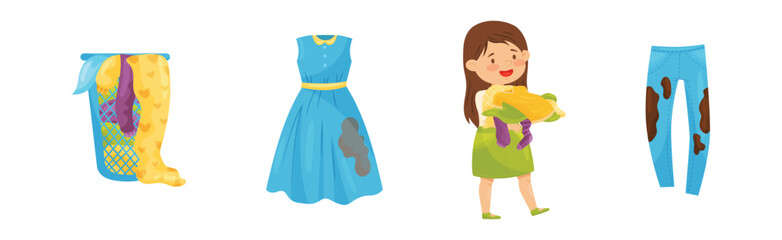 Little Girl Character Holding Dirty Clothing for Washing Vector Set