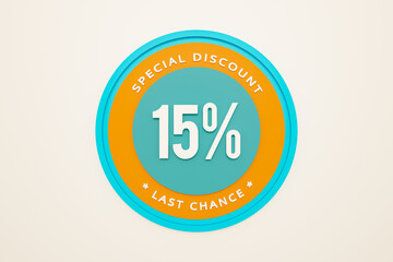 Sale 15% discount. Retail marketing, discount sign to promote commercial activities. Consumerism, fifteen percent, buying and shopping.