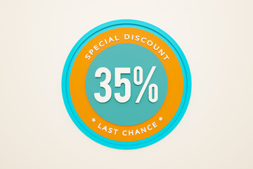 Sale 35% discount. Retail marketing, discount sign to promote commercial activities. Consumerism, thirty-five percent, buying and shopping.