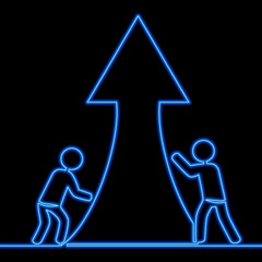 Continuous line drawing group of people lifting up a financial graph and arrow icon neon concept