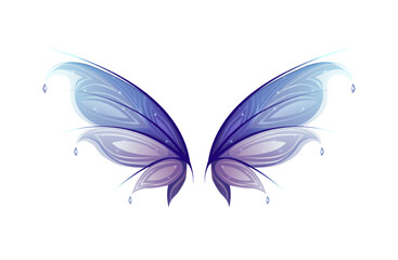 Beautiful wing. Sticker with adorable fairy or butterfly wings for flight and magic. Pair of fantastic wings with cute ornament. Cartoon realistic vector illustration isolated on white background