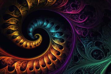 Generative AI illustration of beautiful colorful vibrant abstract fractal style spiral background