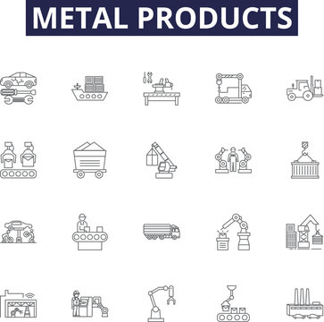 Metal products line vector icons and signs. products, steel, fabricated, alloy, casting, aluminum, brass, copper outline vector illustration set