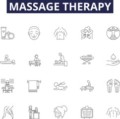 Massage therapy line vector icons and signs. Therapy, Relaxation, Soothing, Stress-relief, Muscular, Tissue, Swedish, Shiatsu outline vector illustration set