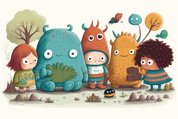 Generative AI illustration of lovely children playing and interacting with adorable aliens in childrens simple hand drawn style illustration