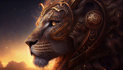 Lion Animal King Knight Warrior AI Generated Magic Animal Head Portrait Magic Lion Digital Artwork Illustration for Design