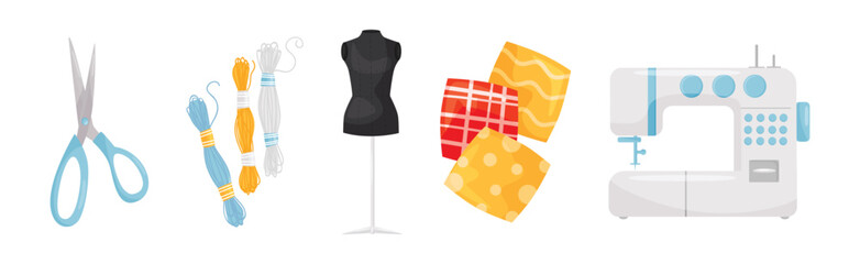 Sewing and Tailoring Accessories with Scissors, Yarn, Mannequin, Clothes and Machine Vector Set