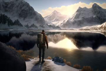 Generative AI illustration of stunning landscape mountain lake scene with lone hiker looking across the lake to the mountains in the distance