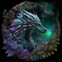 Colorful dragon with flowers, medieval fantasy, generative ai © Danilo