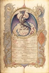 Page of a medieval book with illustrations of a dragon, generative ai