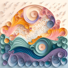 Obraz premium Generative AI illustration of stunning paper art quilling landscape scenes with soft pastel colors and beautiful use of shape