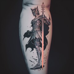 Black and white tattoo concept of a man with a sword, generative ai