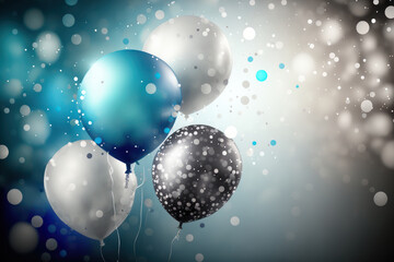 Generative AI illustration of festive Christmas and celebration vibrant blue and silver  balloons surrounded with glitter and bokeh lights background