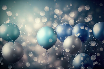Obraz na płótnie Canvas Generative AI illustration of festive Christmas and celebration vibrant blue and silver balloons surrounded with glitter and bokeh lights background