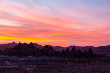 Trona Pinnacles during sunset in the Mojave Desert of California.
