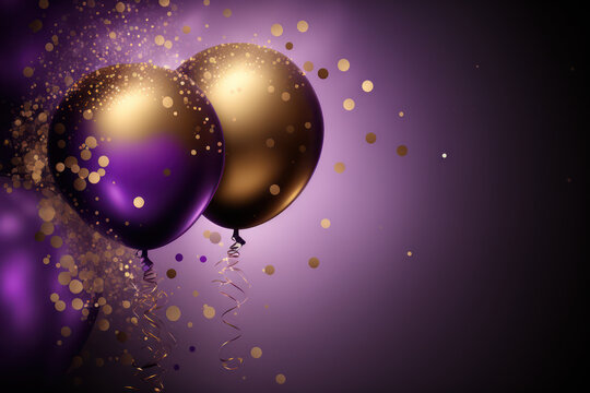 Generative AI illustration of festive Christmas and celebration vibrant purple and gold balloons surrounded with glitter and bokeh lights background