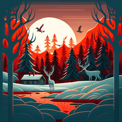 Generative AI illustration of beautiful colorful cute vector art style Winter Christmas landscape scene