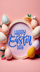 Happy Easter day,  easter composition with decorated easter eggs and decorative nest, inscription, rabbit, bunny, fluffy, holiday, happy family