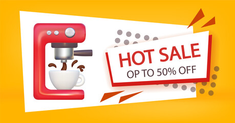 3d coffee machine with cup and splash. Discount offer template with badge hot sale. Banner cafe or coffee shop. Preparation of delicious the perfect espresso.