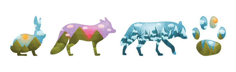 Silhouettes of Wild Animal and Footprint with Natural Forest Landscape Inside Vector Set