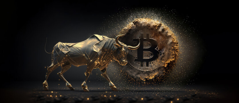 bull financial bitcoin or crypto market concept in gold and black color with copyspace area - Generative AI