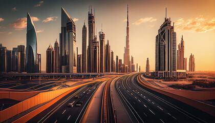 Fototapeta na wymiar Amazing skyline of Dubai City center and Sheikh Zayed road intersection, United Arab Emirates. Created with Generative AI technology