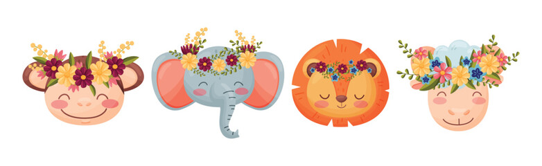 Cute Animal with Floral Wreaths on Their Head Vector Set