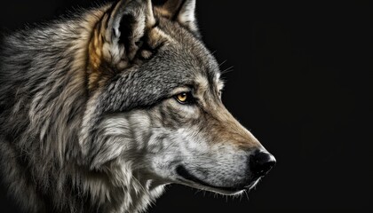 Naklejka na ściany i meble Wolf close-up on black background. Generative AI