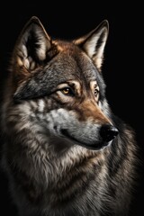 Fototapeta premium Wolf close-up on black background. Generative AI